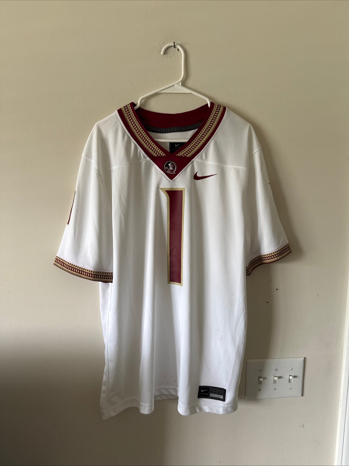 Men's Nike Florida State Seminoles #1 NCAA Football Game Jersey Sz L - White