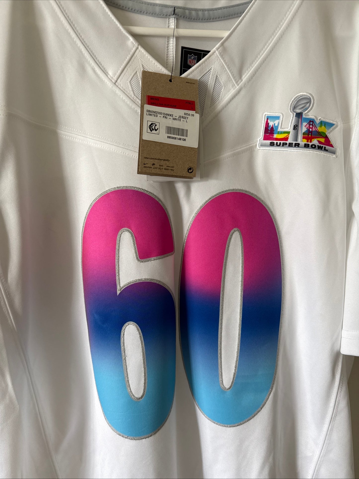 Men’s Nike NFL 2026 Super Bowl LX #60 Vapor Lmtd White Jersey Sz L - NWT RARE