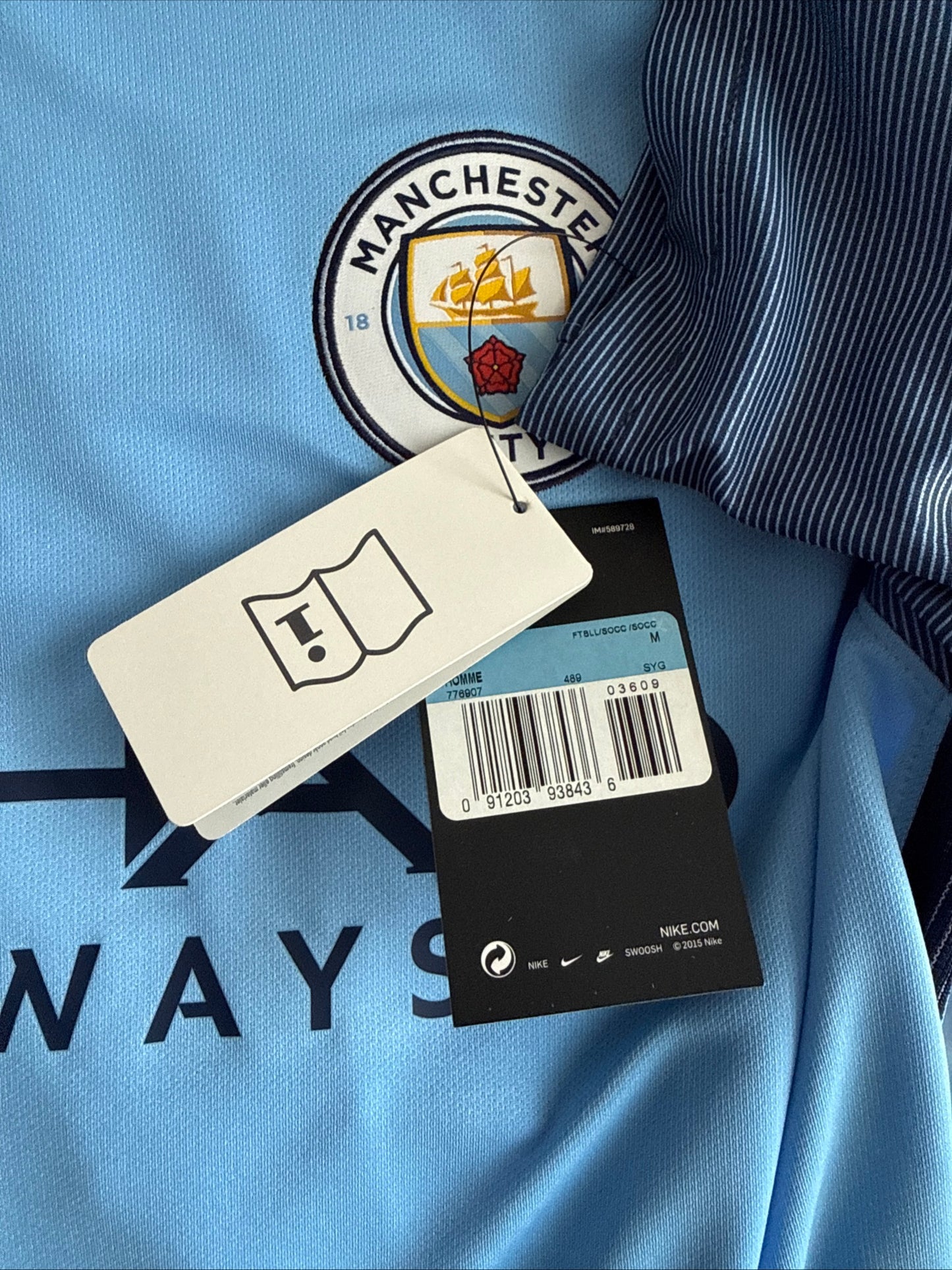 MEN’S NIKE MANCHESTER CITY 2015/16 HOME FOOTBALL JERSEY SZ M - BLUE NWT RARE