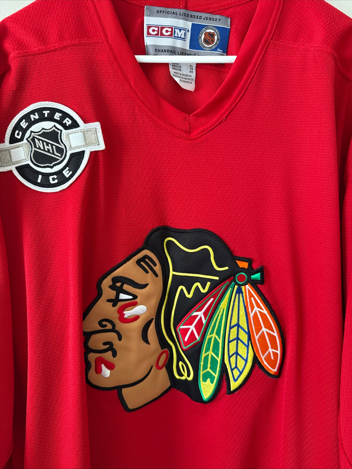 Men’s CCM Chicago Blackhawks NHL Center Ice Practice Jersey Sz XL - Red RARE - Kyle’s Football Cards