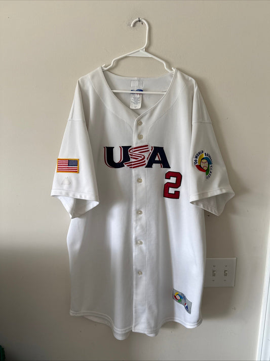 MEN’S MAJESTIC DEREK JETER 2 TEAM USA 2006 WORLD BASEBALL CLASSIC JERSEY SZ 54 - Kyle’s Football Cards