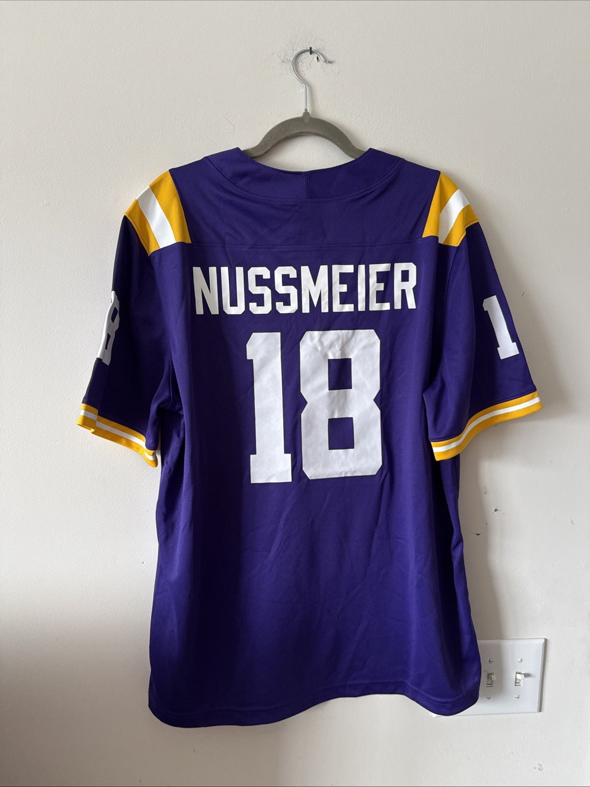 Men's Nike Garrett Nussmeier 18 LSU Tigers NIL NCAA Jersey Sz L - Purple RARE - Kyle’s Football Cards
