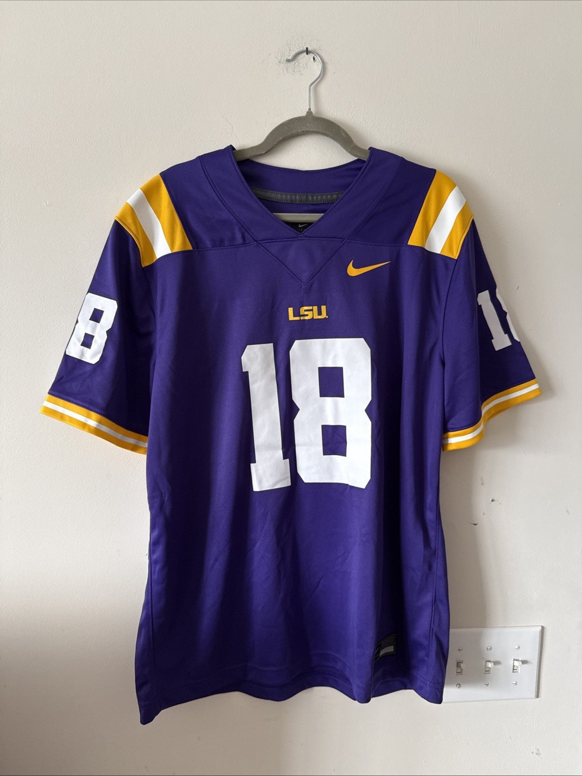 Men's Nike Garrett Nussmeier 18 LSU Tigers NIL NCAA Jersey Sz L - Purple RARE - Kyle’s Football Cards