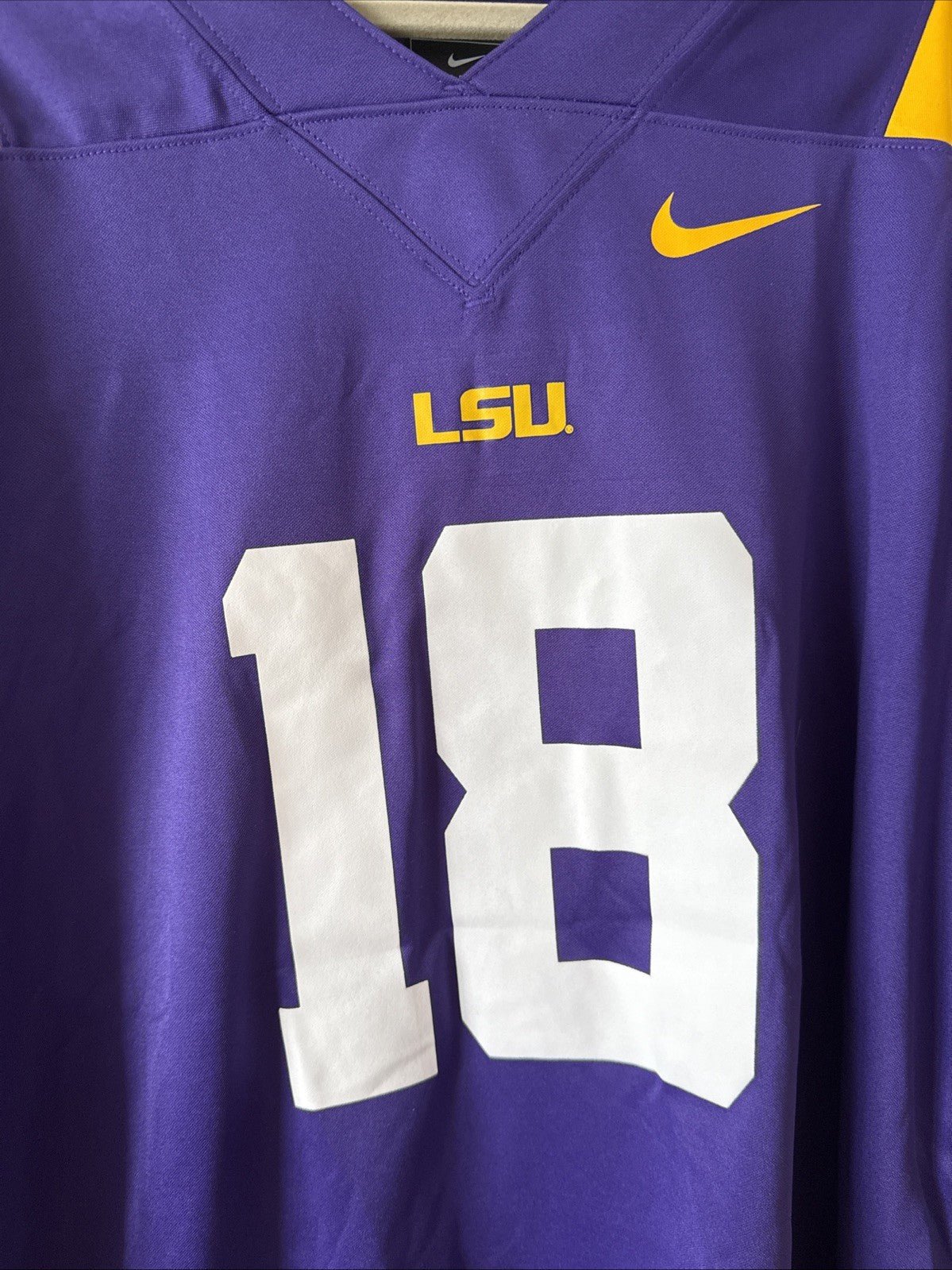 Men's Nike Garrett Nussmeier 18 LSU Tigers NIL NCAA Jersey Sz L - Purple RARE - Kyle’s Football Cards