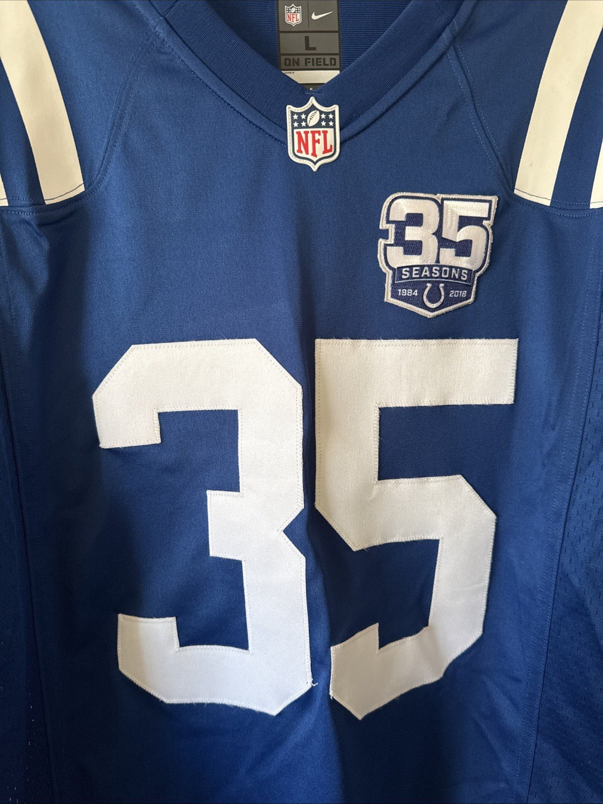 Men’s Nike Indianapolis Colts “Old National” 35 Seasons Jersey Sz L - Blue RARE - Kyle’s Football Cards