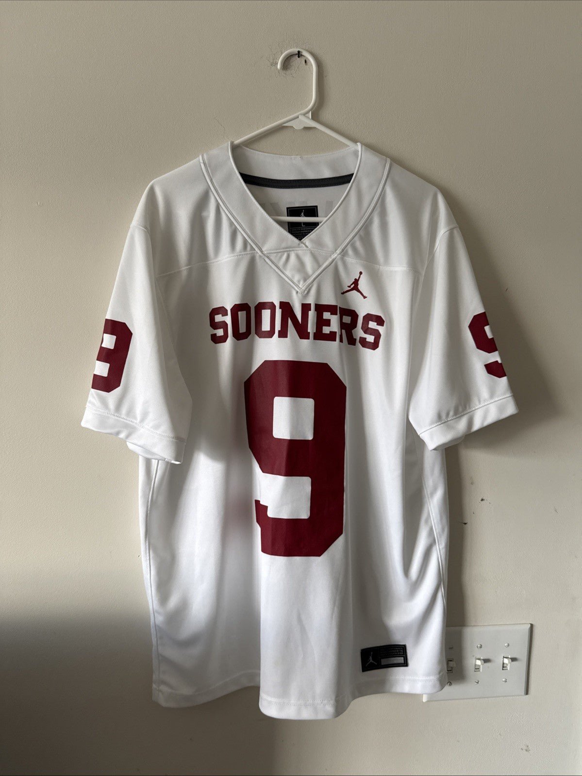 Men’s Nike Michael Hawkins Jr. 9 Oklahoma Sooners Football Jersey Sz L - RARE - Kyle’s Football Cards