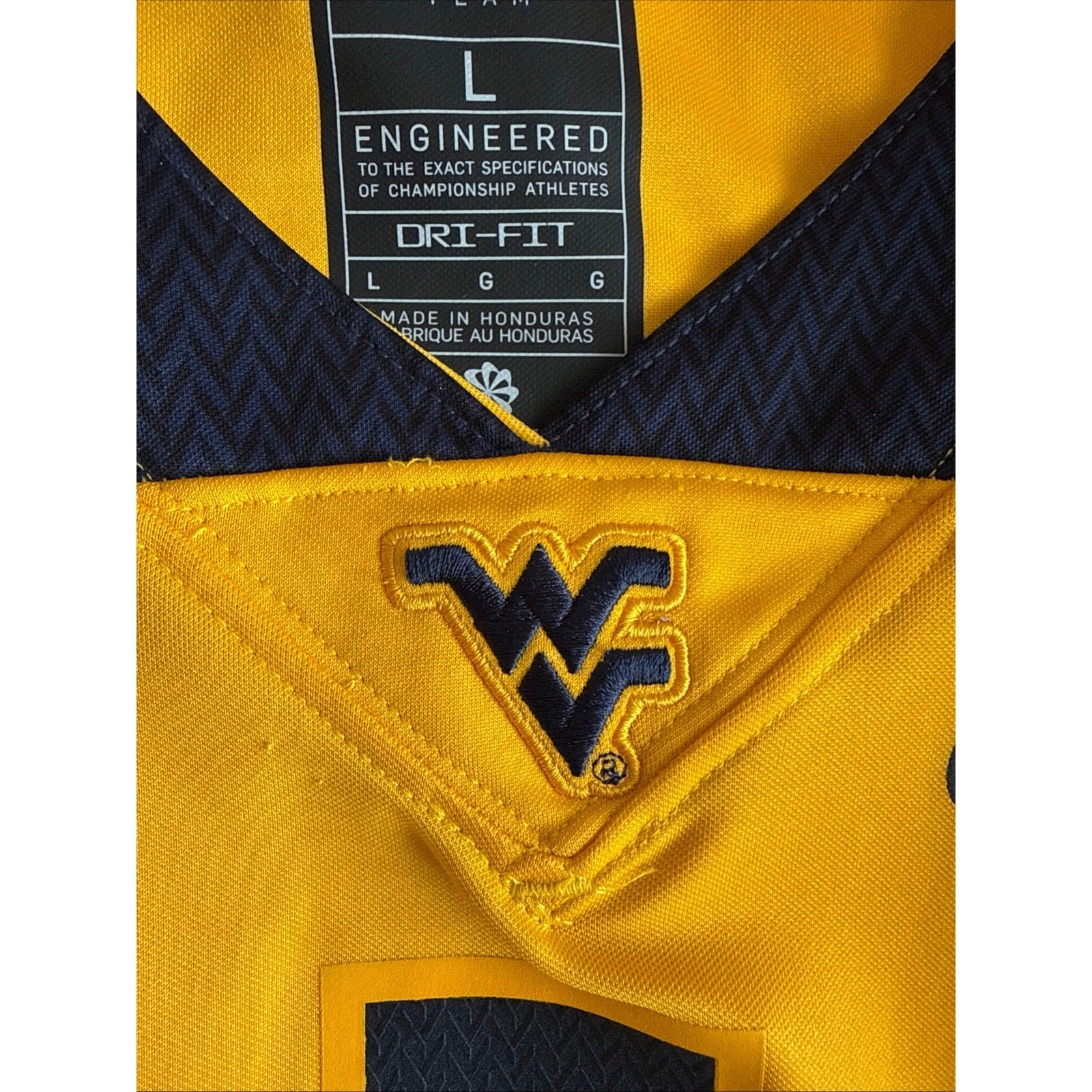 Men’s Nike West Virginia Mountaineers 1 Football NCAA Jersey Sz L - Gold RARE - Kyle’s Football Cards