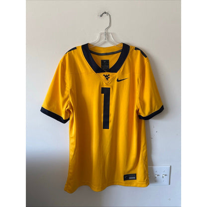 Men’s Nike West Virginia Mountaineers 1 Football NCAA Jersey Sz L - Gold RARE - Kyle’s Football Cards