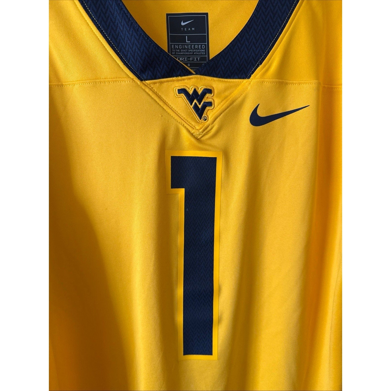 Men’s Nike West Virginia Mountaineers 1 Football NCAA Jersey Sz L - Gold RARE - Kyle’s Football Cards