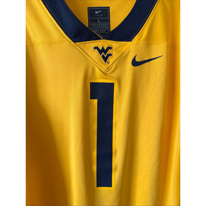 Men’s Nike West Virginia Mountaineers 1 Football NCAA Jersey Sz L - Gold RARE - Kyle’s Football Cards