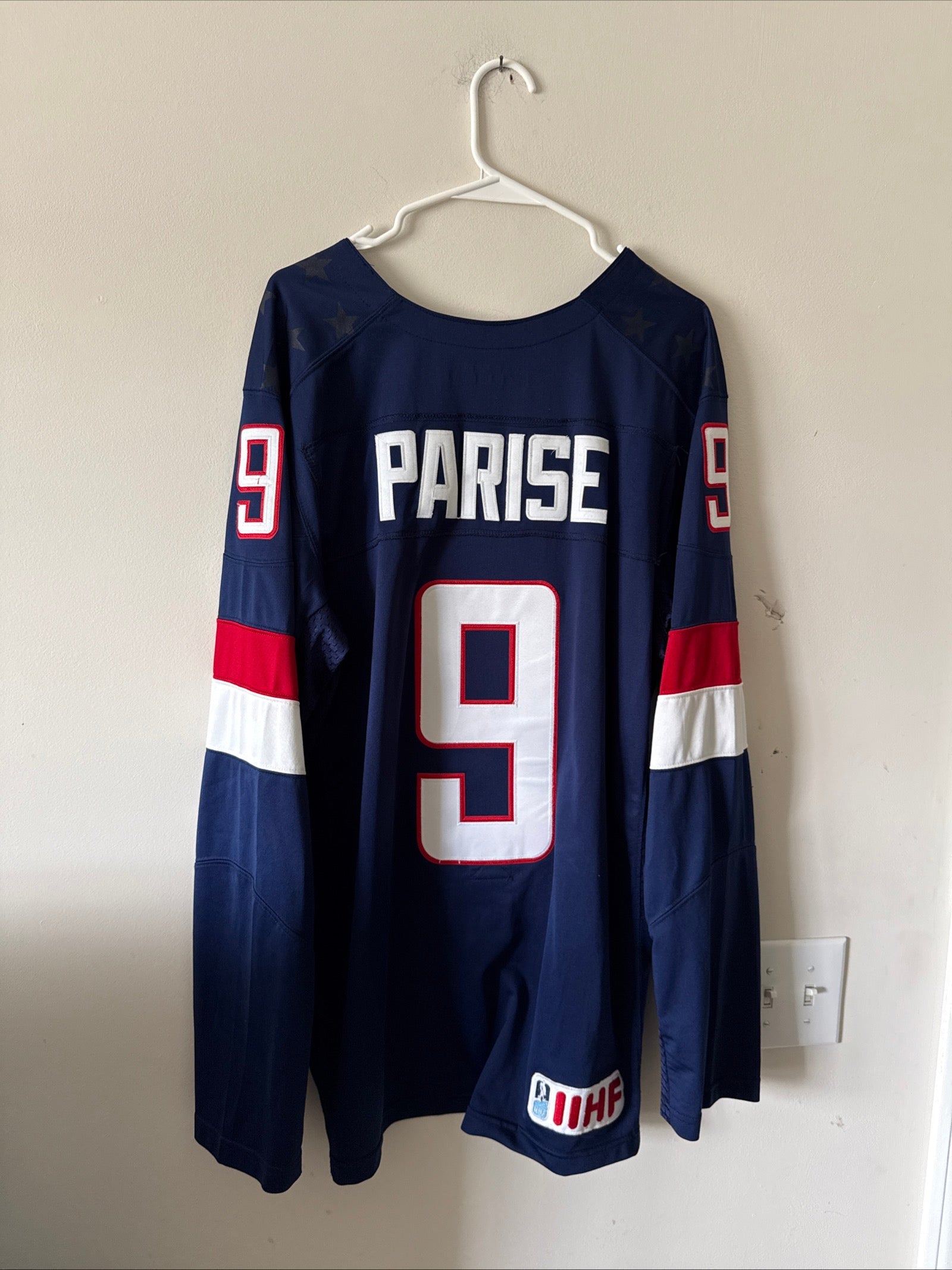 Men’s Nike Zach Parise 9 Team USA 2014 OLYMPICS HOCKEY JERSEY Sz L - Blue RARE - Kyle’s Football Cards