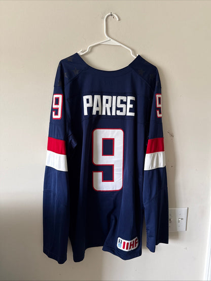 Men’s Nike Zach Parise 9 Team USA 2014 OLYMPICS HOCKEY JERSEY Sz L - Blue RARE - Kyle’s Football Cards