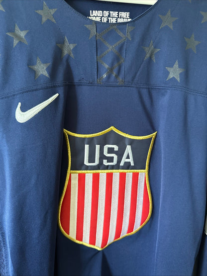 Men’s Nike Zach Parise 9 Team USA 2014 OLYMPICS HOCKEY JERSEY Sz L - Blue RARE - Kyle’s Football Cards