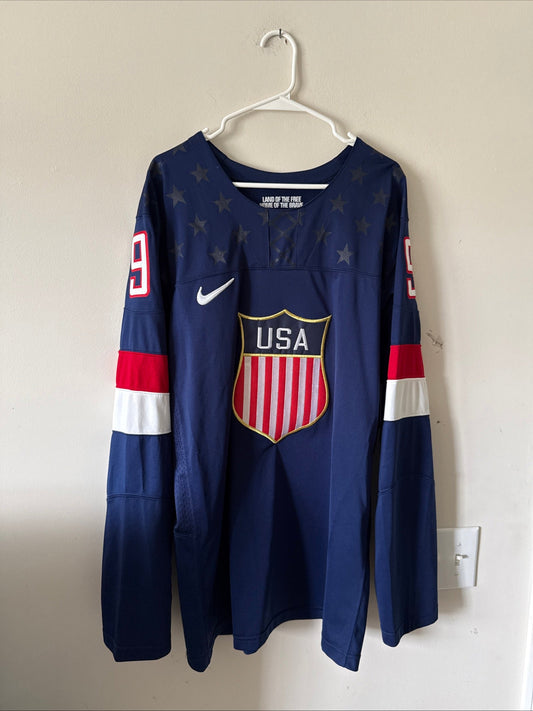 Men’s Nike Zach Parise 9 Team USA 2014 OLYMPICS HOCKEY JERSEY Sz L - Blue RARE - Kyle’s Football Cards