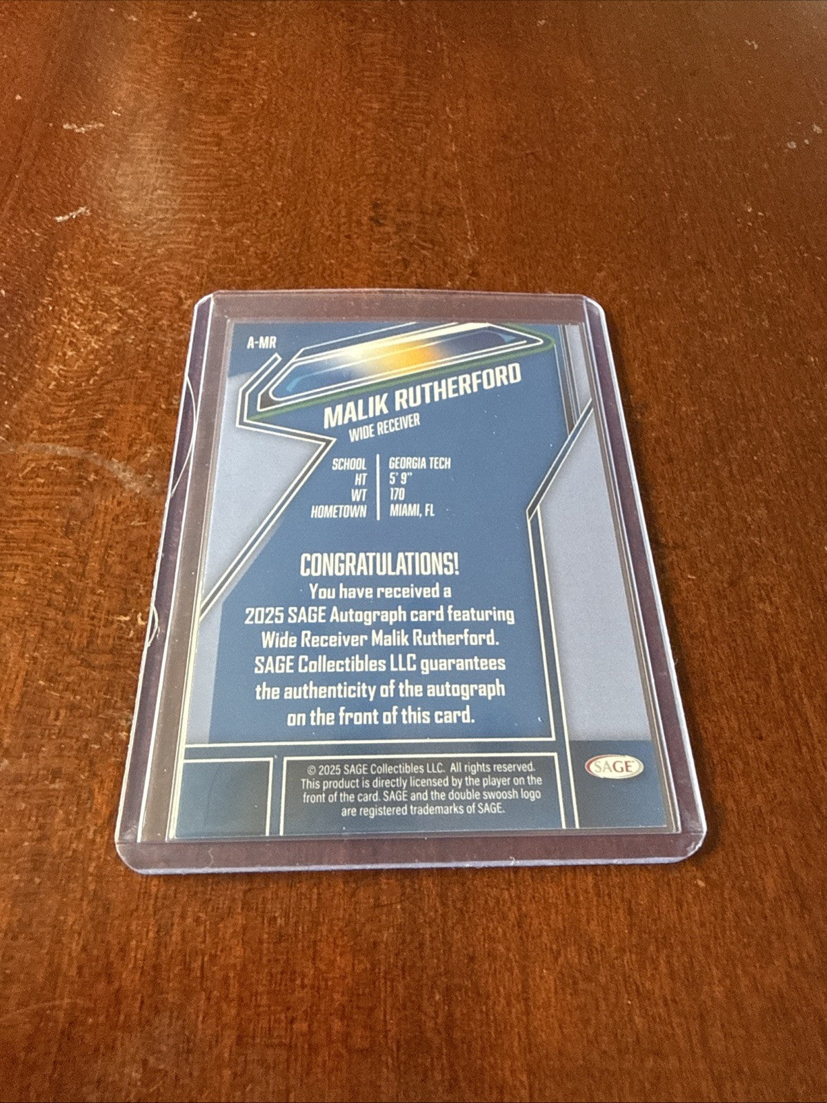 2026 Sage Low Series Malik Rutherford #A-MR Blue Auto Georgia Tech